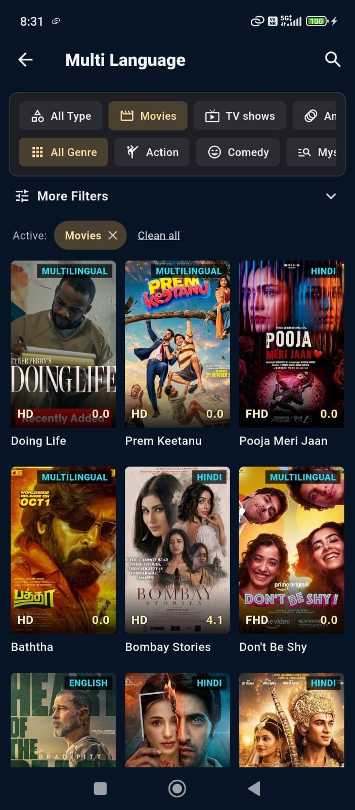 Multi-language movie grid in the Tamil Movie Review app